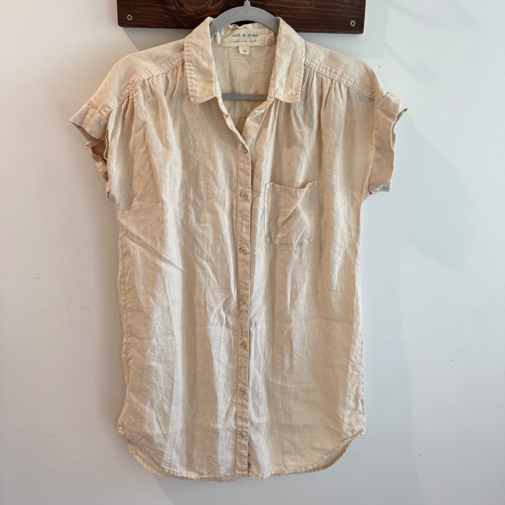 Cloth & Stone 100% Linen Button Down Shirt Dress XS Beige Short Sleeve